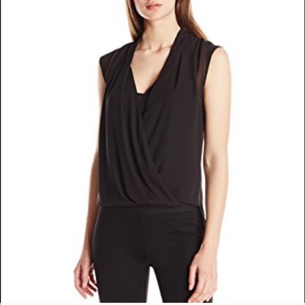 BCBGMaxAzria Black Sleeveless Draped V-Neck Blouse